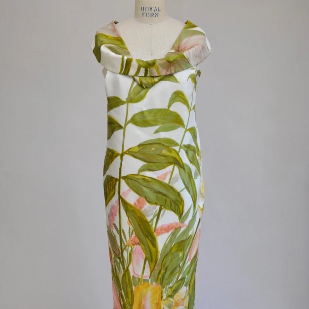 Vintage 1960s Bill Blass Hand Painted Silk Shift Dress Tulip Print Party S/M